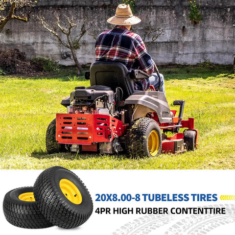 20x8.00-8 Lawn Mower Tires and Wheels 2 Pack Tubeless 4 Ply 3.5 Inch Offset Hub 3/4 Bore Keyway Replacement for Riding Tractor Mower