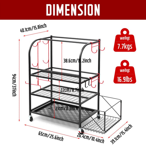 Three Tier Rolling Garage Storage System For Sports Gear And Yoga Mats Beefy Heavy Duty Organizer dimensions showcase weight details