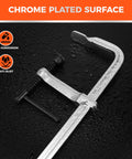 Chrome plated 12 inch F clamp on wet surface, highlighting anti-corrosion and anti-rust features, part of 4 Pack 12 Inch Bar Clamps Set.