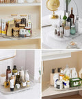 Lazy Susan Organizer For Refrigerator And Kitchen Turntable with condiments and bottles on countertop and fridge.