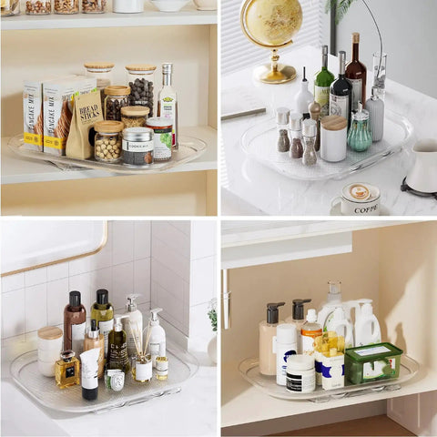 Lazy Susan Organizer For Refrigerator And Kitchen Turntable with condiments and bottles on countertop and fridge.