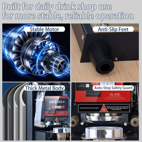 Components of Fully Automatic Electric Cup Sealer With LCD Control Panel, including stable motor, anti-slip feet, and metal body.