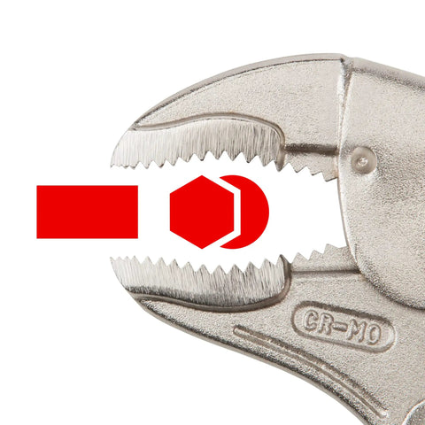 Heavy Duty Locking Pliers Set 4 Piece With Straight Jaw 10 Inch Curved Jaw 5 Inch And 10 Inch And Long Nose 9 Inch Ideal For Metalworking Welding Gripping And Assembly In The Workshop showing a metal curved jaw gripping a red hex bolt.