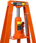 Garage Beast Six Ton Hydraulic Press With Adjustable Plates And Reliable Safety Valve Orange Benchtop Power Tool For Auto Mechanics and Hardcore Metal Project Work close-up of hydraulic press mechanism and handles.
