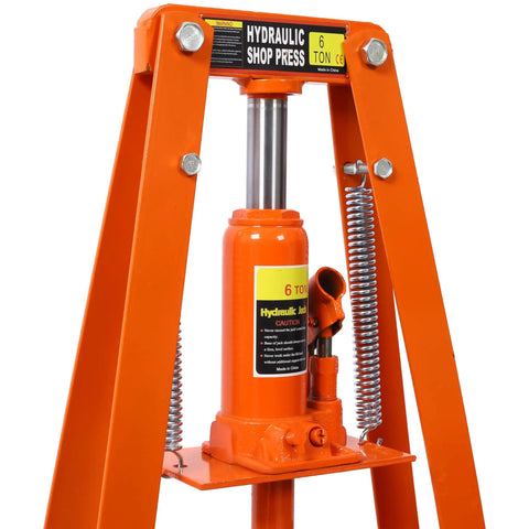 Garage Beast Six Ton Hydraulic Press With Adjustable Plates And Reliable Safety Valve Orange Benchtop Power Tool For Auto Mechanics and Hardcore Metal Project Work close-up of hydraulic press mechanism and handles.