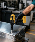 Cordless Rivet Nut Tool Kit 20V Battery Compatible Tool Only with Brushless Motor and Ergonomic Grip in use on metal box