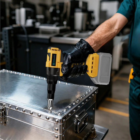 Cordless Rivet Nut Tool Kit 20V Battery Compatible Tool Only with Brushless Motor and Ergonomic Grip in use on metal box