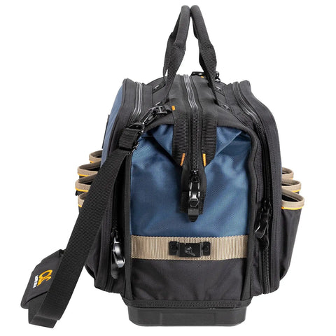 Heavy Duty Pro Grade Tech Tool Bag With Molded Base And Multi-Compartment 17 Inch Carrier side view black blue