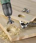 Shop Ready 35 Mm Tungsten Carbide Hinge Boring Bit For Pot Cabinet Holes dead nuts accurate flat bottom wood bore in action.