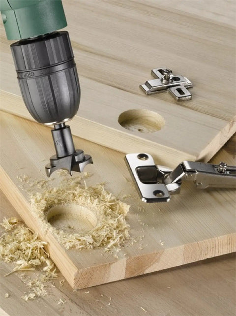 Shop Ready 35 Mm Tungsten Carbide Hinge Boring Bit For Pot Cabinet Holes dead nuts accurate flat bottom wood bore in action.