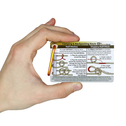Hand holding Outdoor Knot Cards 22 Knots For Camping Backpacking And Scouts card with Half Hitches diagram and carabiner.