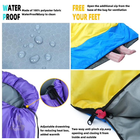 Three Season Waterproof Lightweight Sleeping Bag For Adults And Kids For Camping Hiking And Outdoor Travel, water beads on fabric, adjustable drawstring and zip shown, socks peeking out