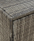 Heavy Duty Grey Garden Storage Cabinet And Outdoor Tool Chest, Weather Resistant Patio Organizer With Pe Rattan And Powder Coated Steel Frame, Tough As Nails Backyard Stash Box With Acacia Wood Knobs For Deck Use, close-up of woven poly rattan surface.