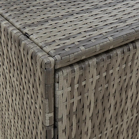 Heavy Duty Grey Garden Storage Cabinet And Outdoor Tool Chest, Weather Resistant Patio Organizer With Pe Rattan And Powder Coated Steel Frame, Tough As Nails Backyard Stash Box With Acacia Wood Knobs For Deck Use, close-up of woven poly rattan surface.
