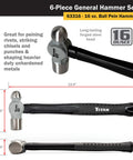 Six Piece Hammer Set With 16 Oz And 32 Oz Ball Peen Hammers, close-up of 16 oz ball pein hammer with textured handle and steel head