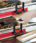 Two Piece Adjustable Table Saw Stock Guides Featuring Slick Aluminum Brackets And Dead On Urethane Rollers For Rock Solid Alignment and precise cuts on wood.