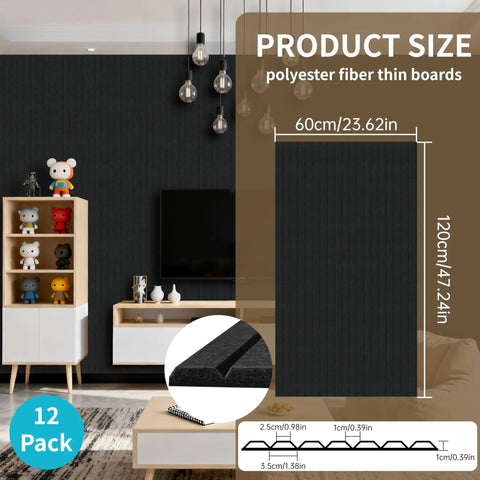 Image showcasing 12 Pack Large Acoustic Wall Panels Covering 92.8 Square Feet With Solid Peel And Stick Sound Absorbing Backing To Knock Down Echoes And Elevate Your Home Studios Offices Or Media Rooms In Black, highlighting size and texture.