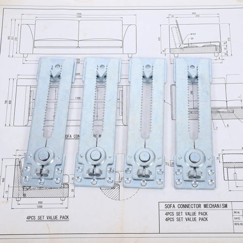 Heavy Duty Sectional Sofa Connectors 4 Pack Interlocking Alligator Style Couch Couplers on blueprint background.