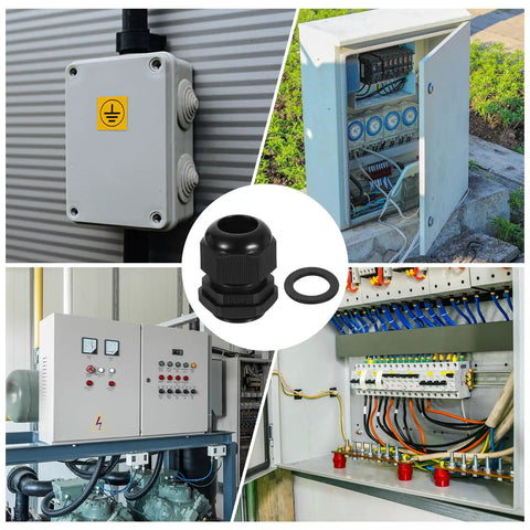 PG21 Nylon Cable Glands 10 Pack Waterproof Cord Grip Connectors with washers, gaskets, and locknuts in electrical junction box setup