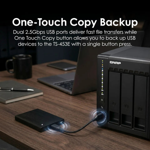 4 Bay Desktop Nas With Intel Quad Core Cpu Boosting To 2.9 Ghz Paired With 8Gb Ram for seamless backup via USB connection.