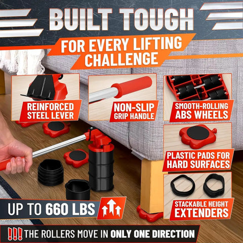 Heavy Duty Furniture Mover Kit With Wheels Appliance Lifter And Sliders That Lift Up To 660 Lbs Includes 4 Sliders And Lifting Extenders Cradle Lock for sofas and tables