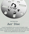 Close-up of stainless steel Aer Disc from 48 Ounce Aer Disc Blender Container With Self Detect Tech Tamper Low Profile And BPA Free Dishwasher Safe Goes With All Full Size Blenders For Smoothies Sauces Dressings And Creamy Whips.
