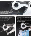 Close-up of Pro Grade Leather Hole Punch Set showing 9 inch tool with six punch sizes and lever mechanism for crafting.