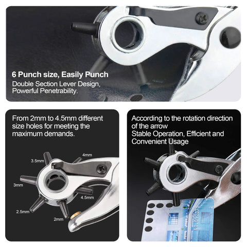 Close-up of Pro Grade Leather Hole Punch Set showing 9 inch tool with six punch sizes and lever mechanism for crafting.
