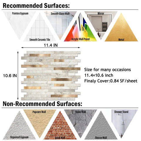Peel And Stick Marble Tiles Self Adhesive Aluminum Wall Tile For Bathroom Fireplace And RV Beige Marble With Vintage Golden Embellished Stripes shown with recommended surfaces and dimensions.