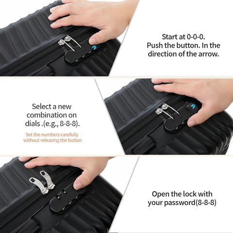 Demonstrating the high security lock mechanism on the 3 Piece ABS Luggage Set with Spinner Wheels Hardside Travel Luggage Rosamo.