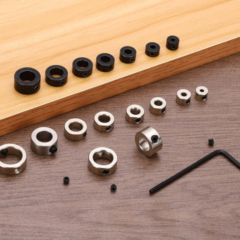 Beefy 5 Pack Shaft Lock Collar With Screw Lock Ring, 5.05 mm Bore, 10 mm Outer Diameter, 5 mm Height, Steel Construction, Built For 3D Printers And CNC Machines, Precision Axial Locking Component In Silver, black and silver collars with set screws