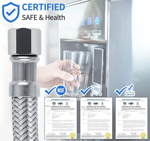 Front view of refrigerator water line kit, 12 ft, stainless steel braided with 1/4 in compression fittings and PEX inner hose.