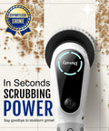 Electric Spin Scrubber With 8 Replaceable Brush Heads Extension Handle 2 Speed Power Cleaning Tool in action on tile grout