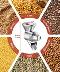 Front view: all-metal grain mill for KitchenAid stand mixer; stainless steel, 9 grind levels; corn and wheat.