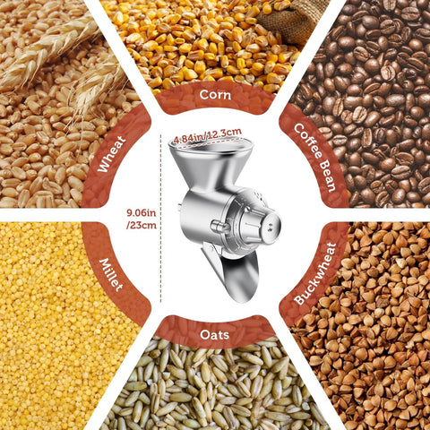 Front view: all-metal grain mill for KitchenAid stand mixer; stainless steel, 9 grind levels; corn and wheat.