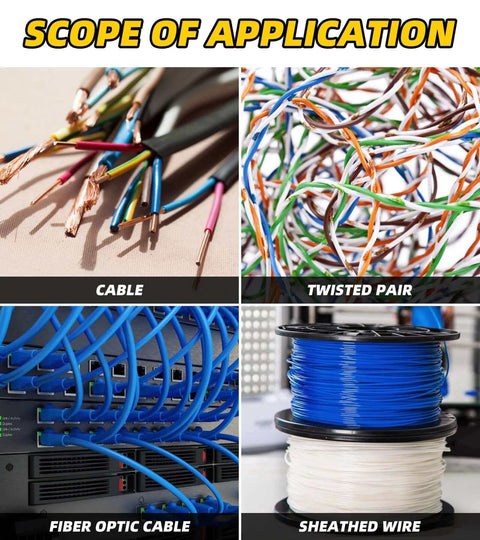 Four images showing wire types: exposed cable, twisted pair, blue fiber optic cables, and blue and white sheathed wire spools.