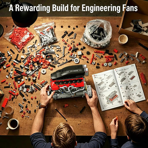 Working V12 Engine Model Kit For Adults A Fully Functional Mechanical Desk Model With Realistic Pistons And Crankshaft Motion A Cool Hands On Buildable Engine Toy For Car Enthusiasts And Education Gift, build in progress on desk