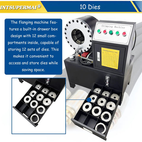 Kickass Heavy Duty Electric Hydraulic Pipe Crper And Hose Crimping Machine With Ten Interchangeable Dies storage drawer with 12 die sets.