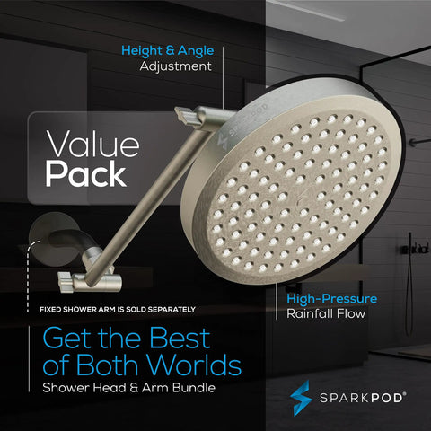 Round Rain Shower Head With Extension Arm Height Adjustable High Pressure Performance Easy 1 Minute Installation 6 Inch Brushed Nickel Finish Luxury Spa Shower Upgrade For Strong Consistent Water Flow displaying high-pressure rainfall and brushed nickel finish in bathroom setting