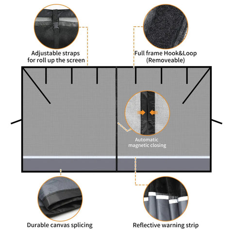 Diagram of 16x7 ft garage door screen showing adjustable straps, magnetic closure, and reflective strips for two-car garage.