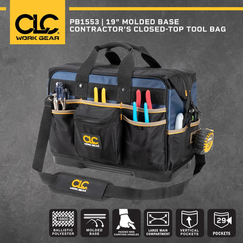 19 Inch Molded Base Contractor Tool Bag With Closed Top And Easy Access Pop Open Design Large Main Compartment 13 Inner Pockets And 16 Exterior Pockets For Organizing Power Tools Circular Saws Hard Hats And Accessories