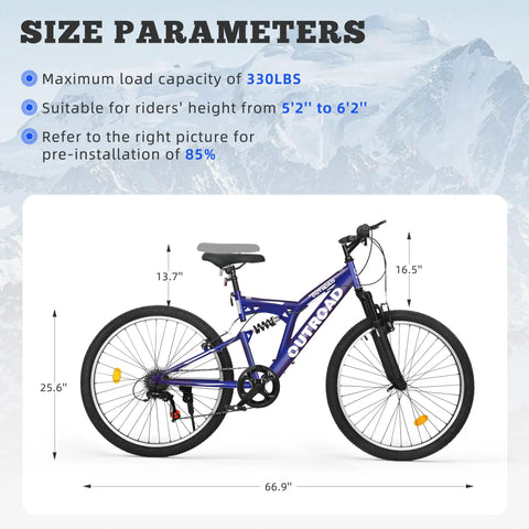 All Terrain Mountain Hybrid Bike With 26 Inch Steel Frame 7 Speed MTB Bicycle Front Suspension Fork shown with size parameters.