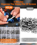 Hands using 55 Piece Detachable Thread Checker Kit With 30 Standard And 25 Metric Gauges, Color Coded Orange And Blue for screws.