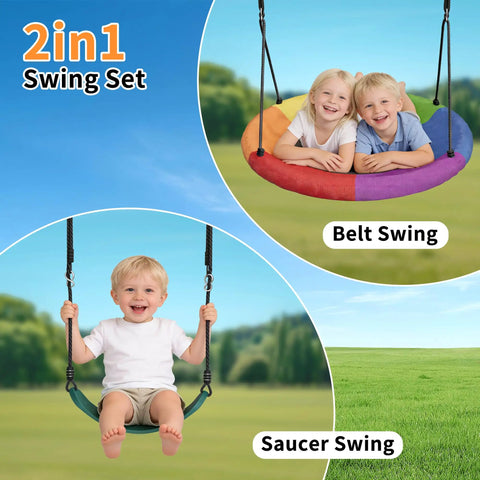 Heavy Duty Swing Set Frame With Stand For Backyard Fun 440 Lb Capacity 3 In 1 Swing Set With Saucer Swing And Belt Swing Adjustable Height For Kids Teens And Outdoor Play featuring children enjoying the saucer and belt swings in a sunny backyard.