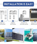 Installation steps for Heavy Duty Solar Panel Balcony Bracket Kit showing mounting process on various surfaces.