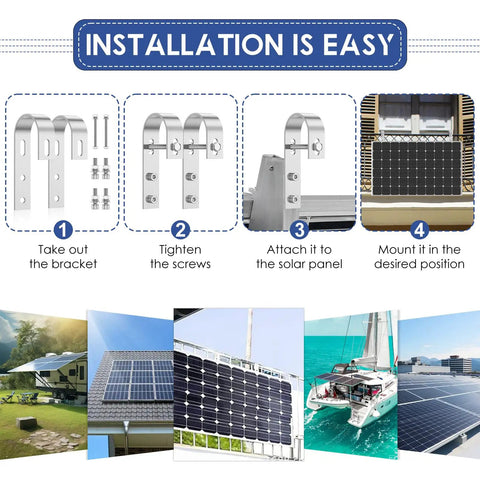 Installation steps for Heavy Duty Solar Panel Balcony Bracket Kit showing mounting process on various surfaces.