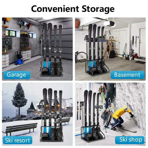 Rock Solid Freestanding Ski Storage Rack For Garage Designed With Zero Hassle To Store Your Snowboards And Boots While Granting Lightning Fast Access For Gnarly Winter Runs in garage and basement settings.