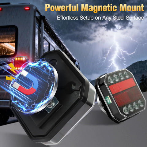 SAKFEP magnetic wireless trailer light kit; magnet mount and LED tail light in front view with IP67 waterproof housing.