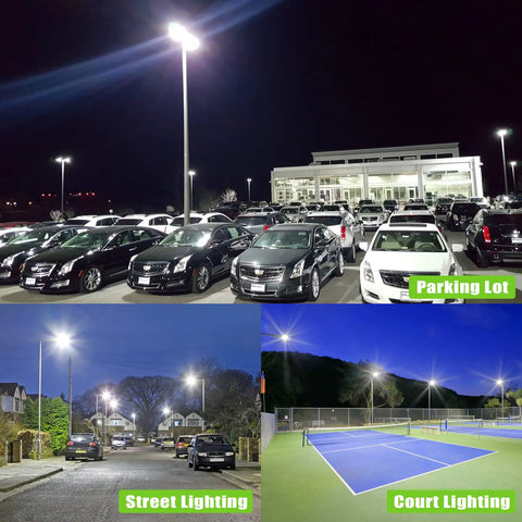 Beastly Bright 150W LED Parking Lot Light With Photocell illuminating parking lot, street, court at night, IP65 rated