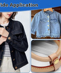 15mm Snap Fasteners Kit With 125 Sets In Five Colors Gold Silver Bronze Black And Gun Black Stainless Steel Leather Snaps installed on a denim jacket and leather bracelet